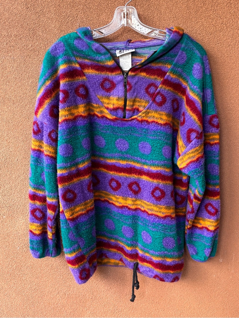 Colorful Striped Hooded Pullover Fleece Sweater - Purple & Teal